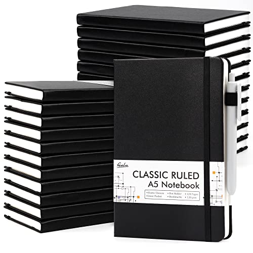 24 Pack Journal Notebook for Work, Feela Business Notebook Bulk Hardcover Lined Writing Journal with Pen Holder for Men Women Note Taking, with 24 Black Pens, 120 GSM, 5.1”x8.3”, A5, Black